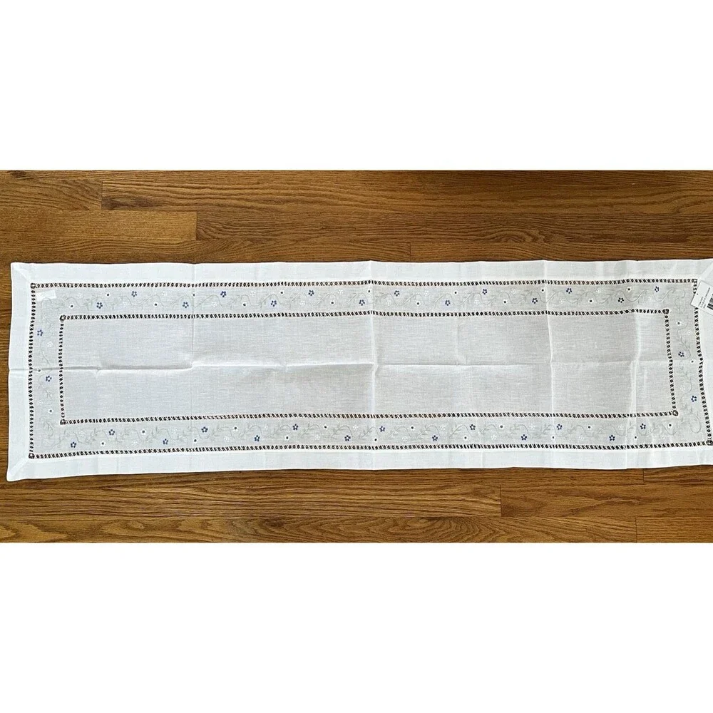 White Linen/Cotton 16” X 54” Table Runner Yellow Blue Embroidery Hong Kong New